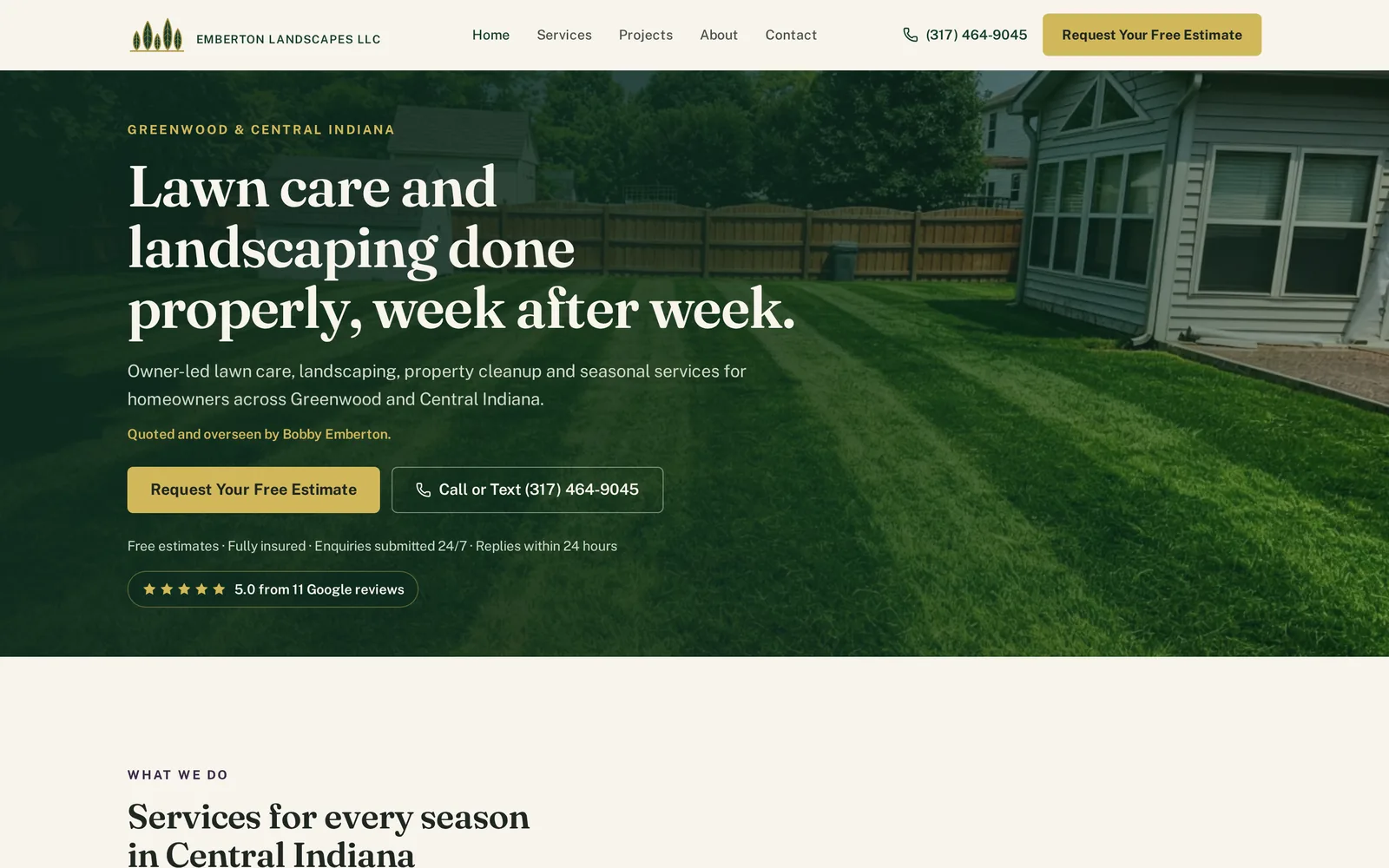 Homepage of the live Emberton Landscapes LLC website, showing the lawn care headline, estimate request button and phone call-to-action over a photograph of a freshly striped lawn.