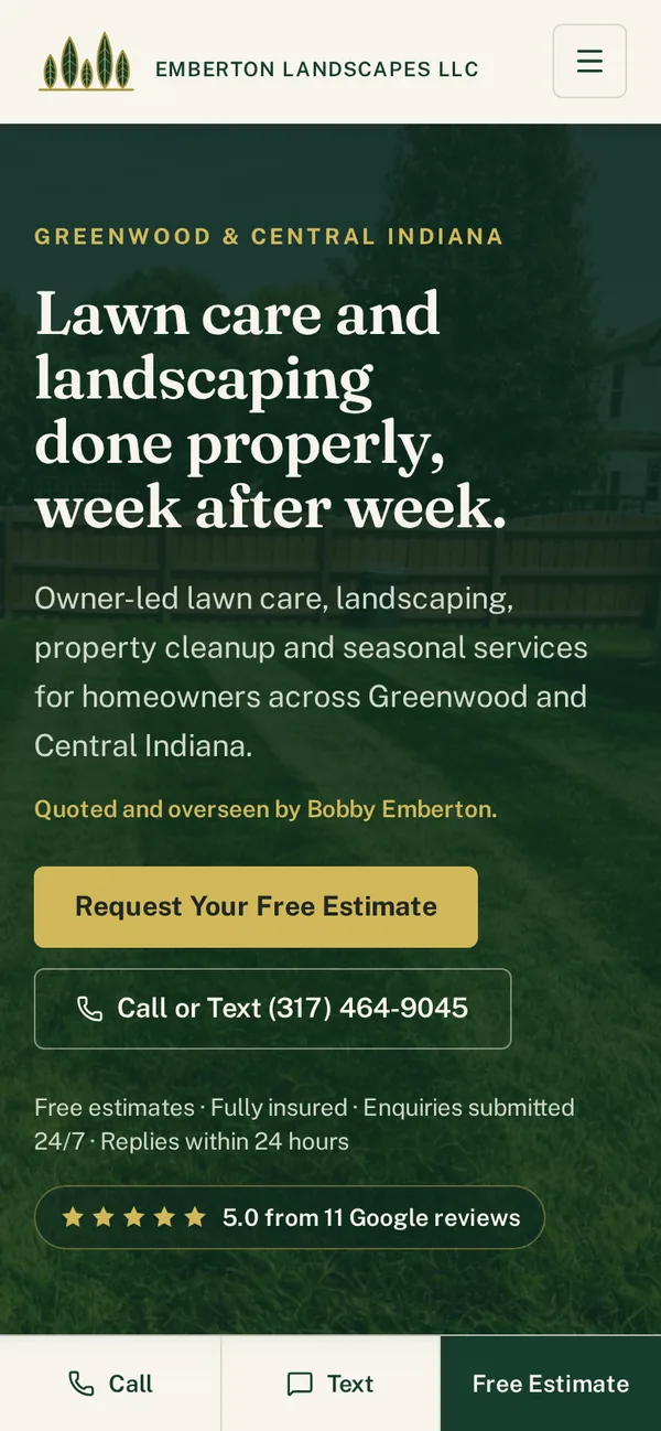 The live Emberton Landscapes website viewed on a phone, with the estimate request button and click-to-call number visible above the fold.