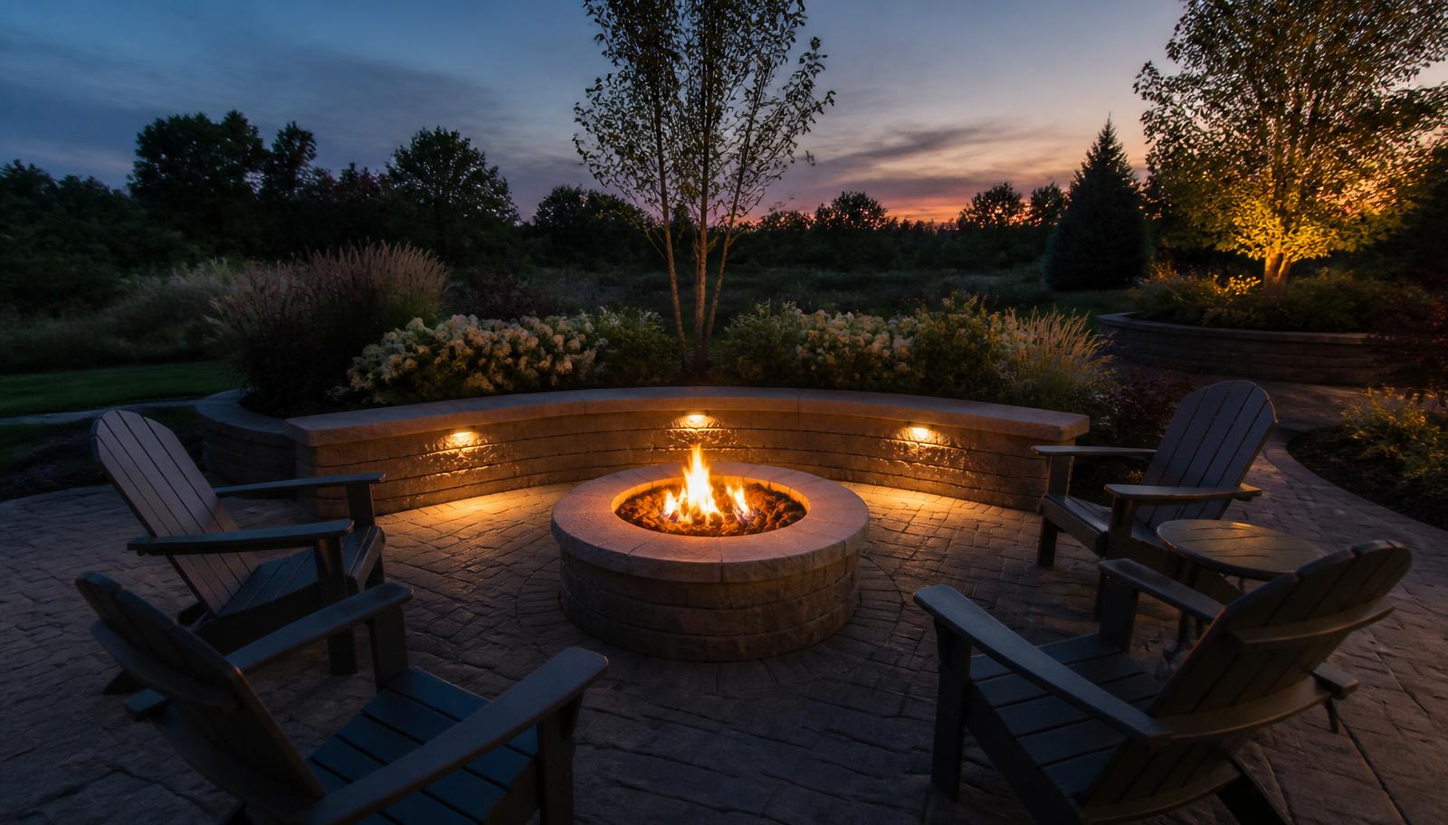 Paver fire pit with a stone seat wall on a backyard patio at twilight