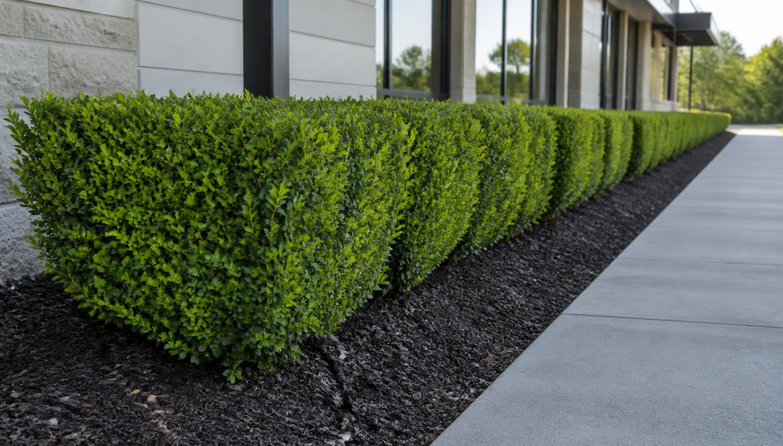 Precisely trimmed hedge row along a walkway outside a modern office building