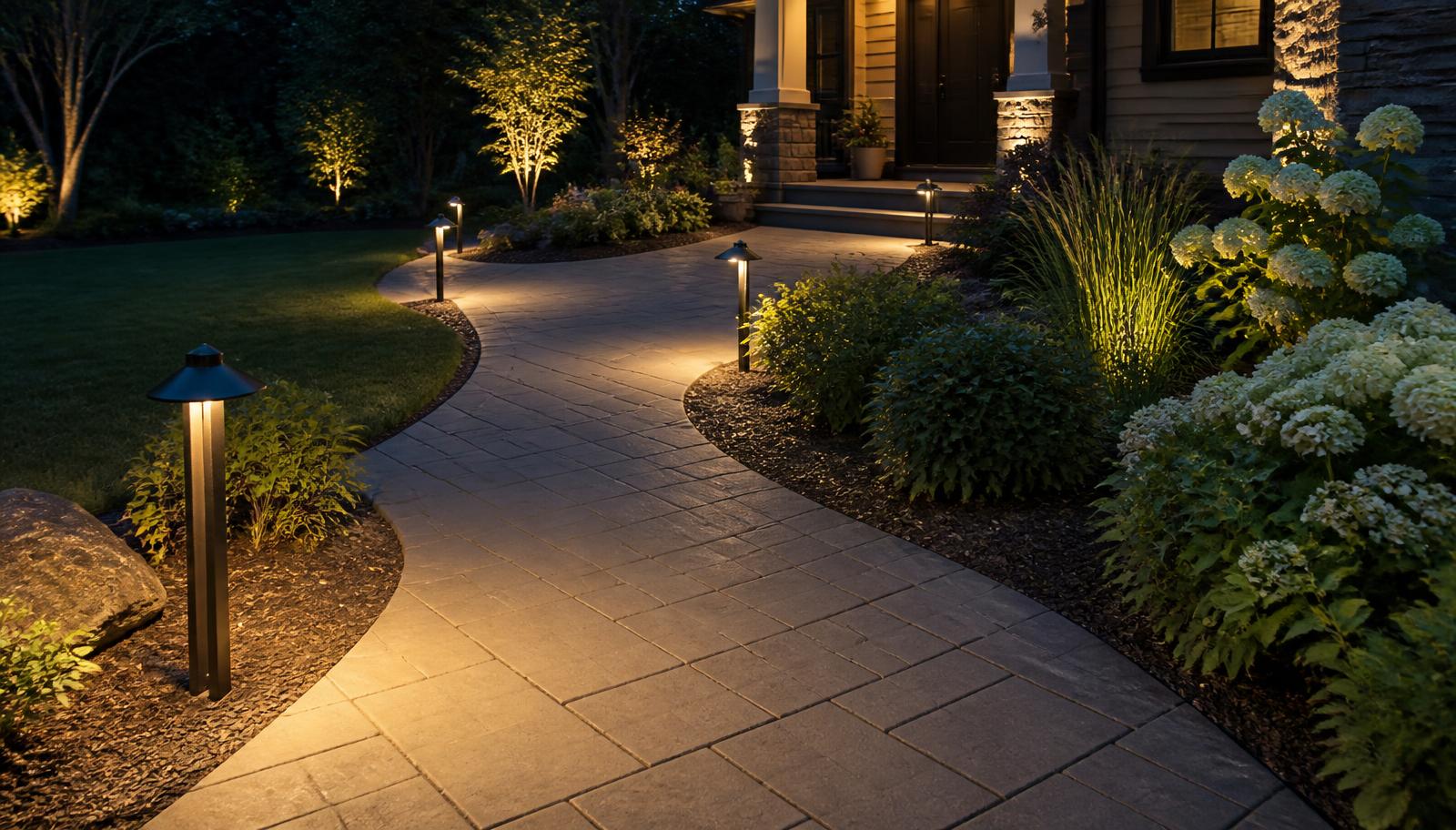 Paver walkway lit by warm low-voltage landscape lighting at dusk