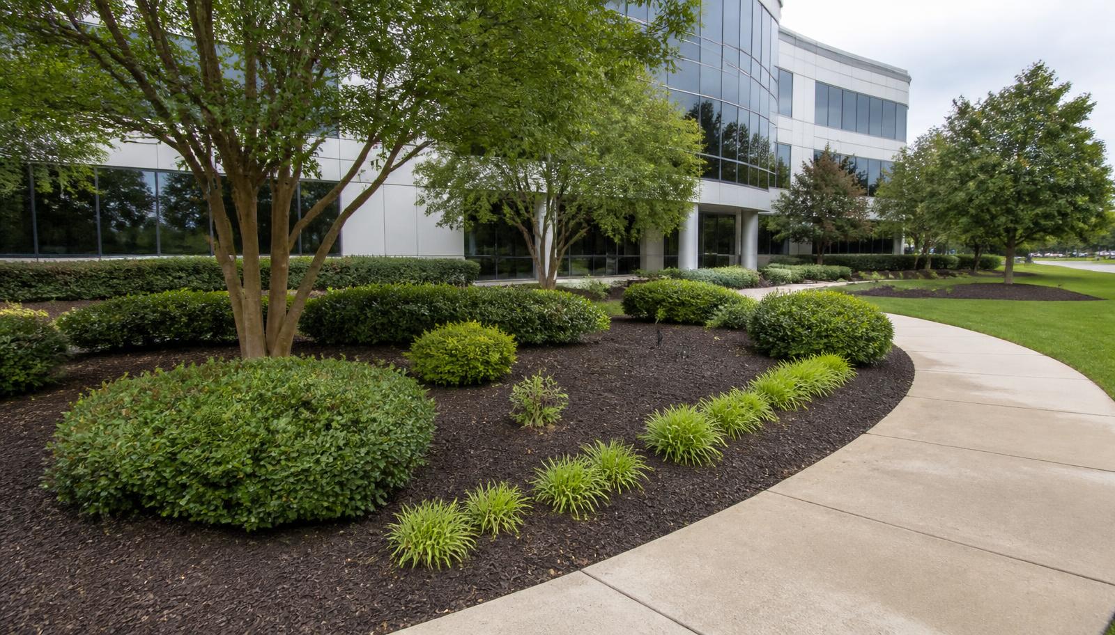 Manicured grounds of a corporate office campus with ornamental trees and mulched islands
