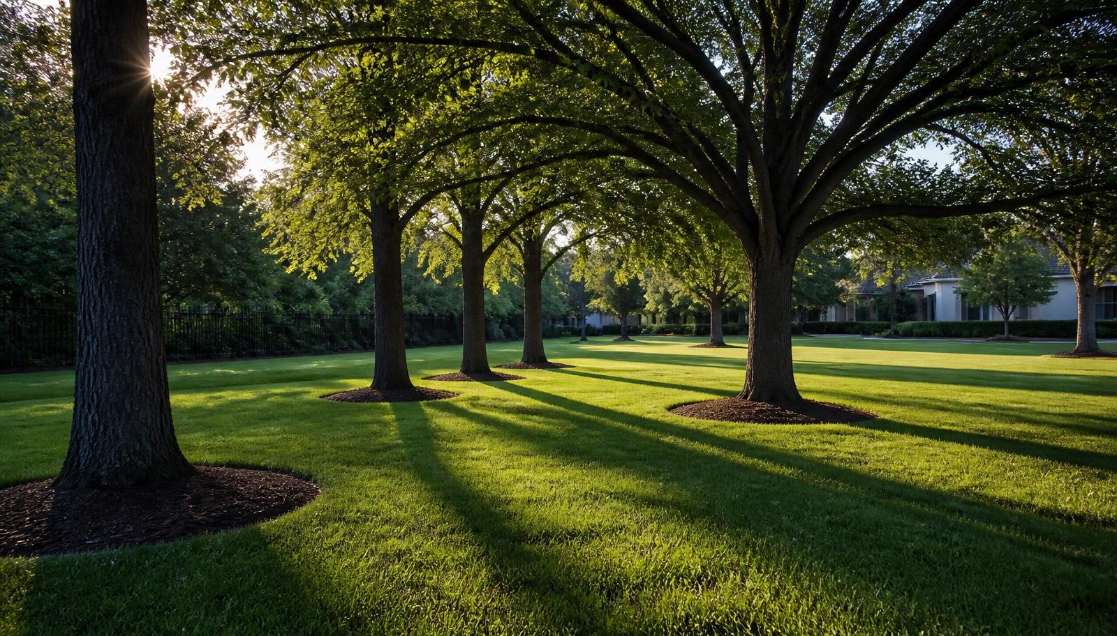 Mature shade trees with mulched rings lining a wide manicured lawn
