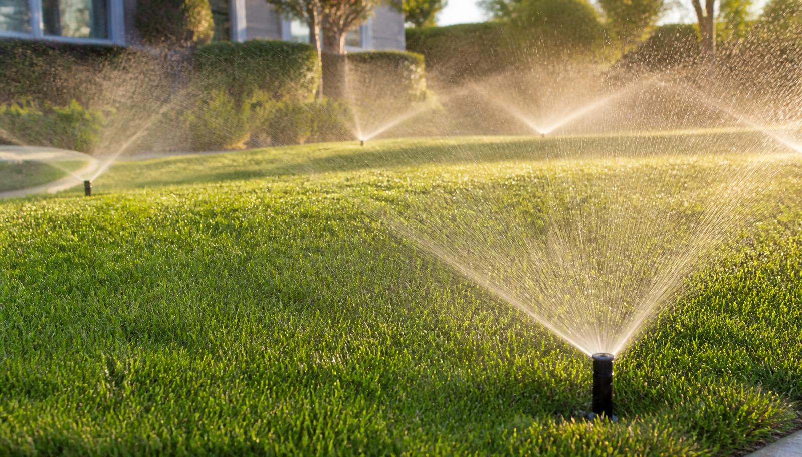 In-ground irrigation sprinklers watering a lush green lawn in morning light