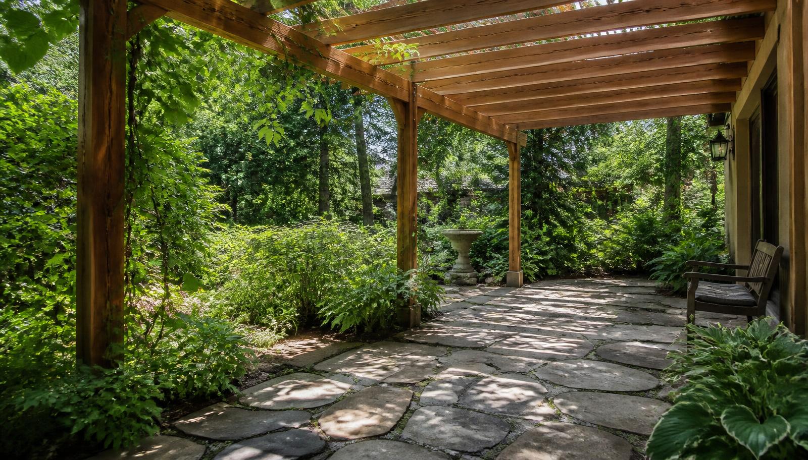 Cedar pergola over a flagstone patio surrounded by lush plantings