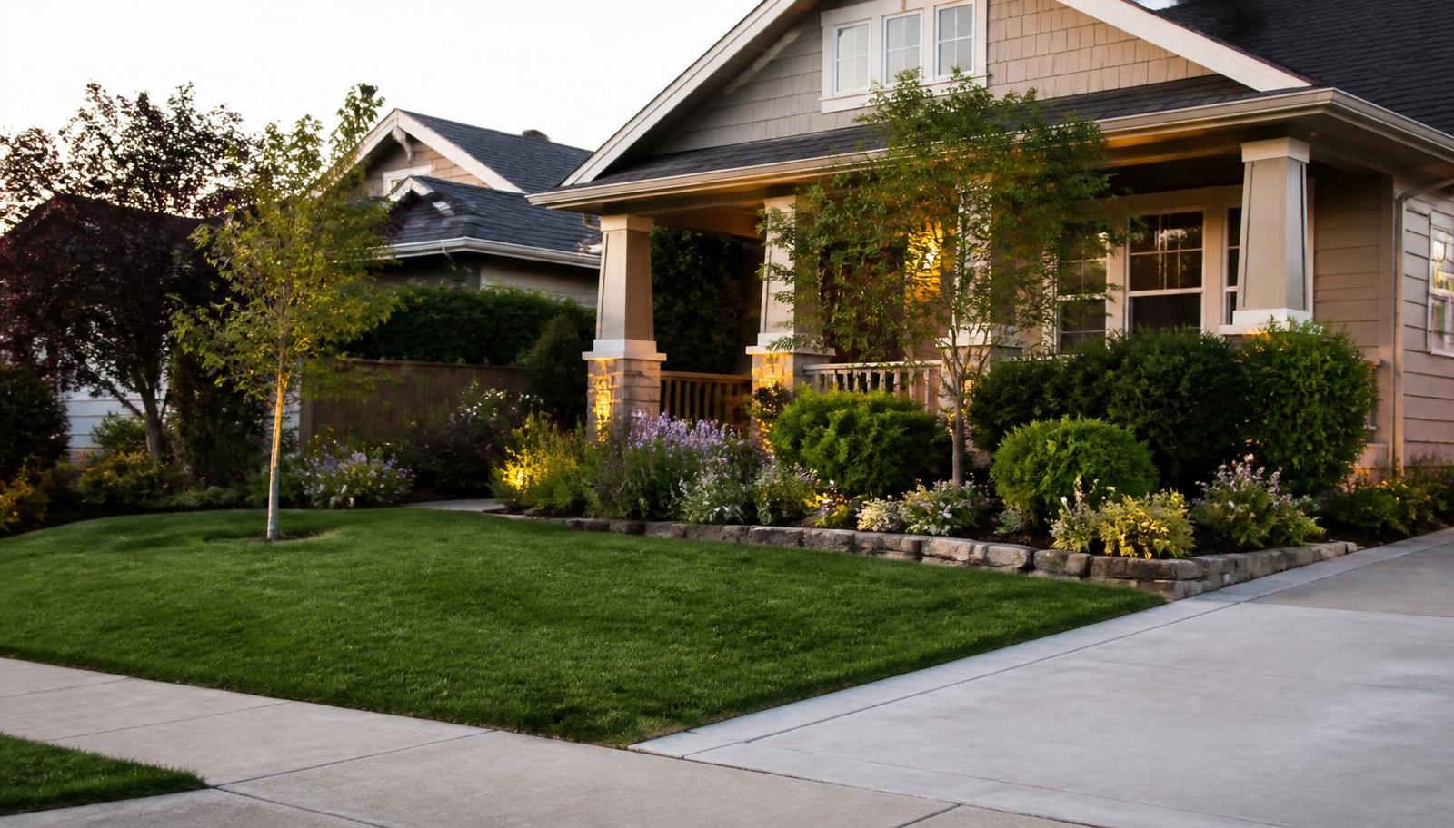 Front yard curb appeal with architectural plantings, stone edging and a manicured lawn