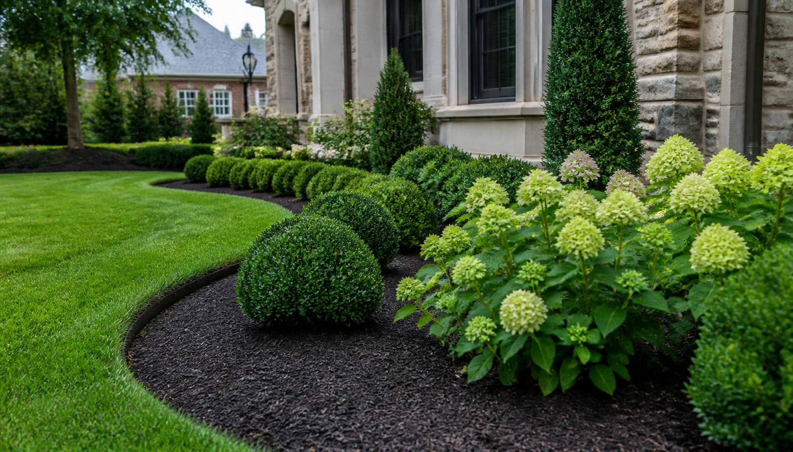 Freshly mulched garden beds with manicured shrubs and crisp bed edging along a home