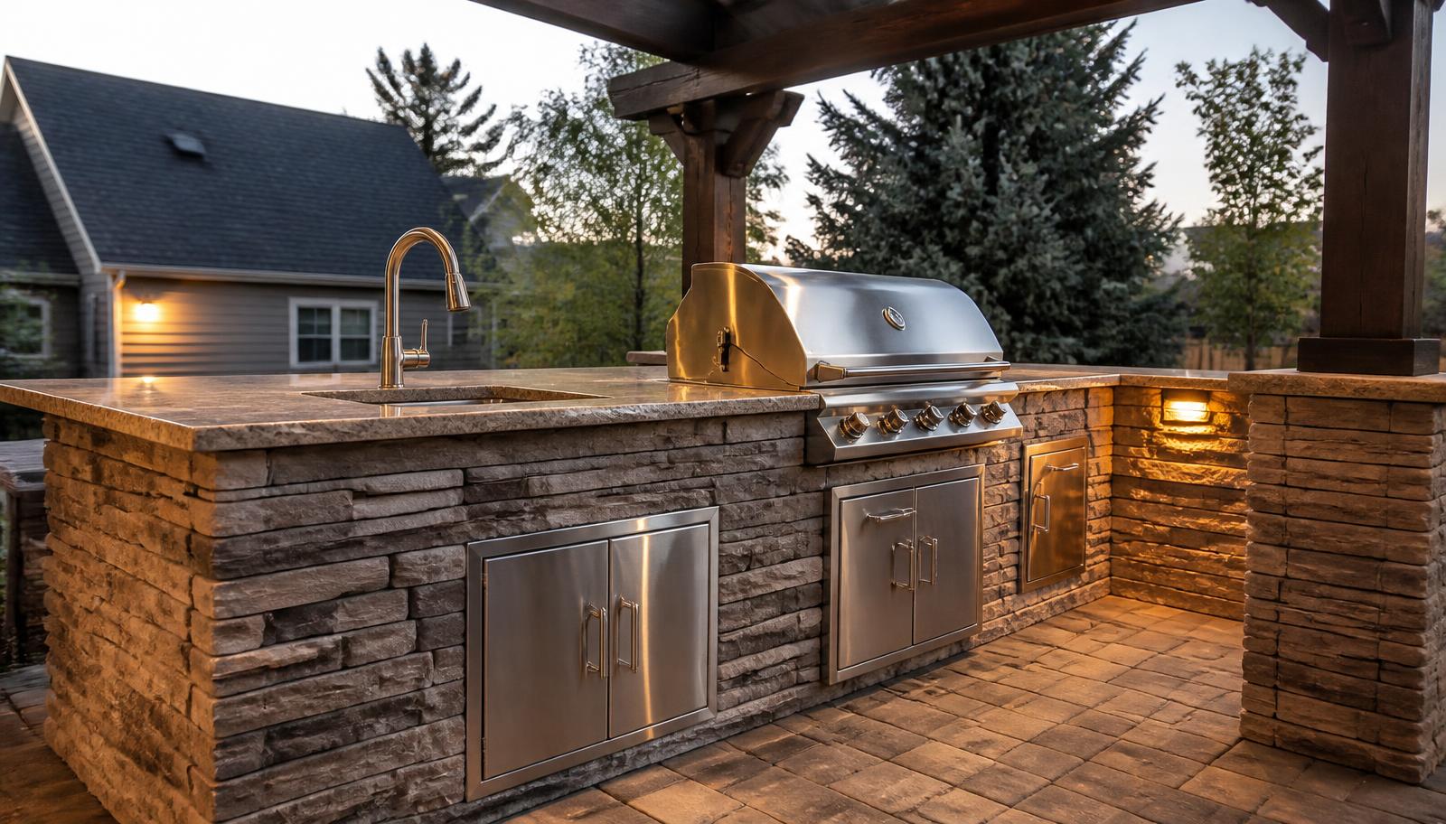 Outdoor kitchen with stone counter and built-in grill on a paver patio at dusk